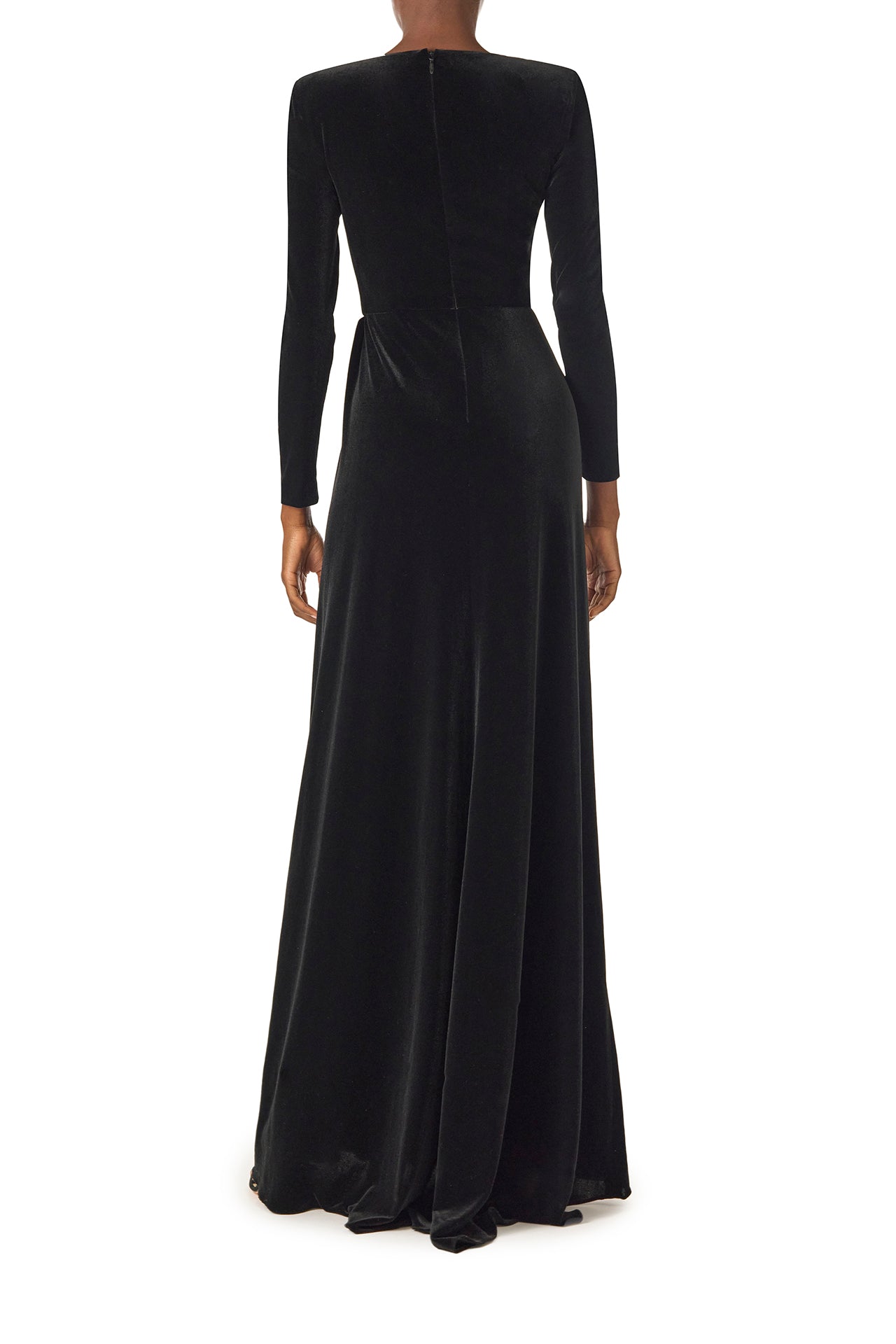 Monique Lhuillier Fall 2024 long sleeve gown with square neckline, front skirt draping and detached neck scarf in noir stretch velour - back without scarf.