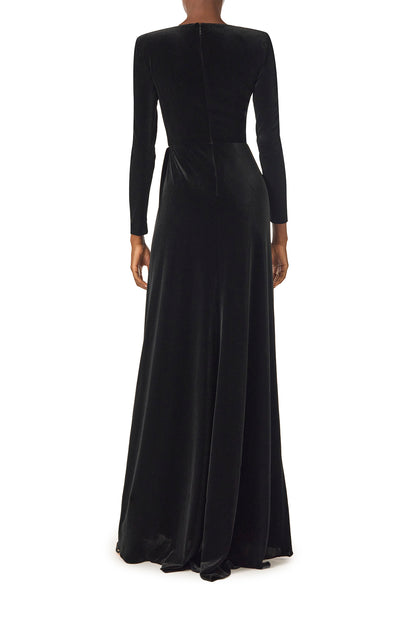 Monique Lhuillier Fall 2024 long sleeve gown with square neckline, front skirt draping and detached neck scarf in noir stretch velour - back without scarf.