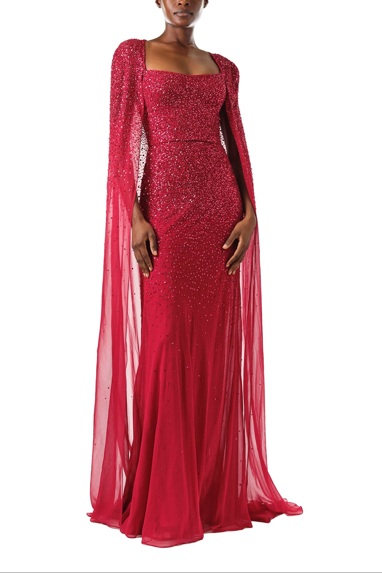 Red Sequin Embroidered Chiffon Gown With Cape