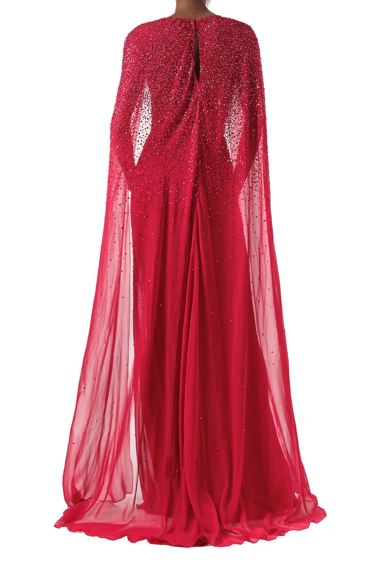 Monique Lhuillier Fall 2024 Scoop neck, floor length gown with integral cape in Merlot embroidered chiffon - back.