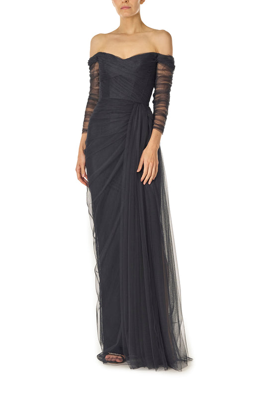 Monique Lhuillier Fall 2024 navy off the shoulder draped tulle gown with sleeves and corset boned bodice - front.