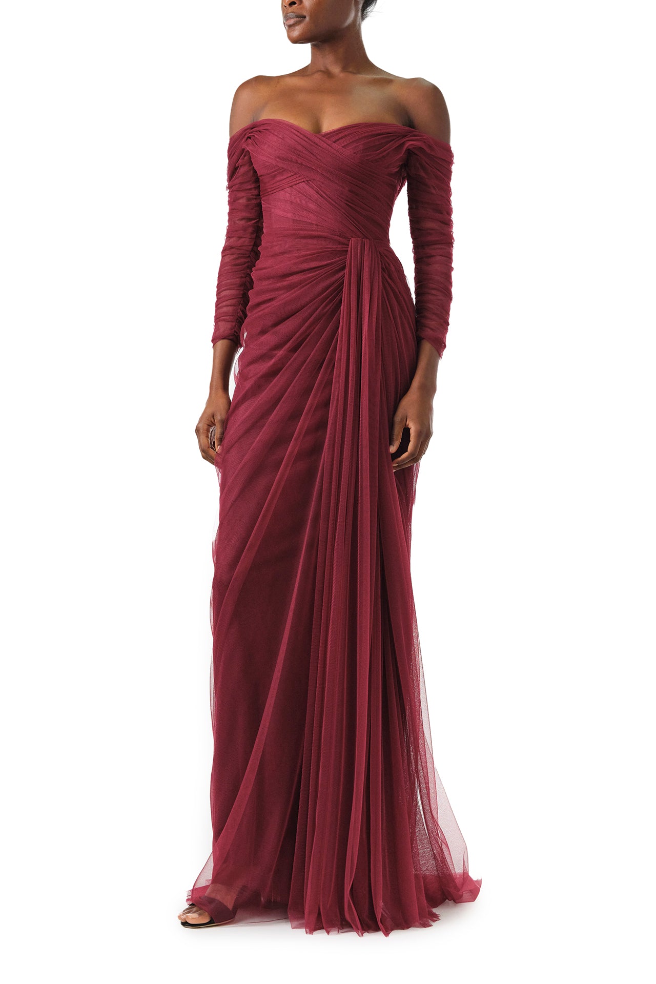 Off The Shoulder Draped Tulle Gown 6 Merlot Monique Lhuillier