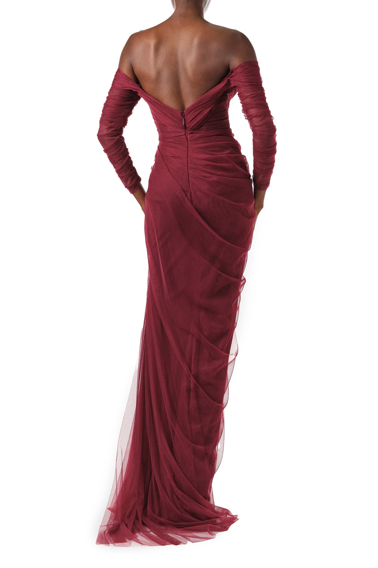 Monique Lhuillier Fall 2024 Off the shoulder draped tulle gown with low V-back, long sleeves and corseted bodice in Merlot - back.