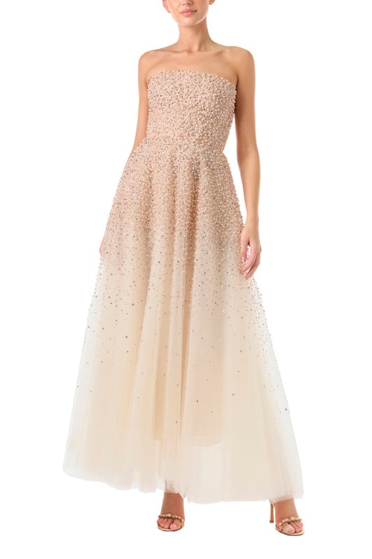 Monique Lhuillier Fall 2024 strapless, A-line tulle gown in Pale Blush with cascading pearl embroidery - front.