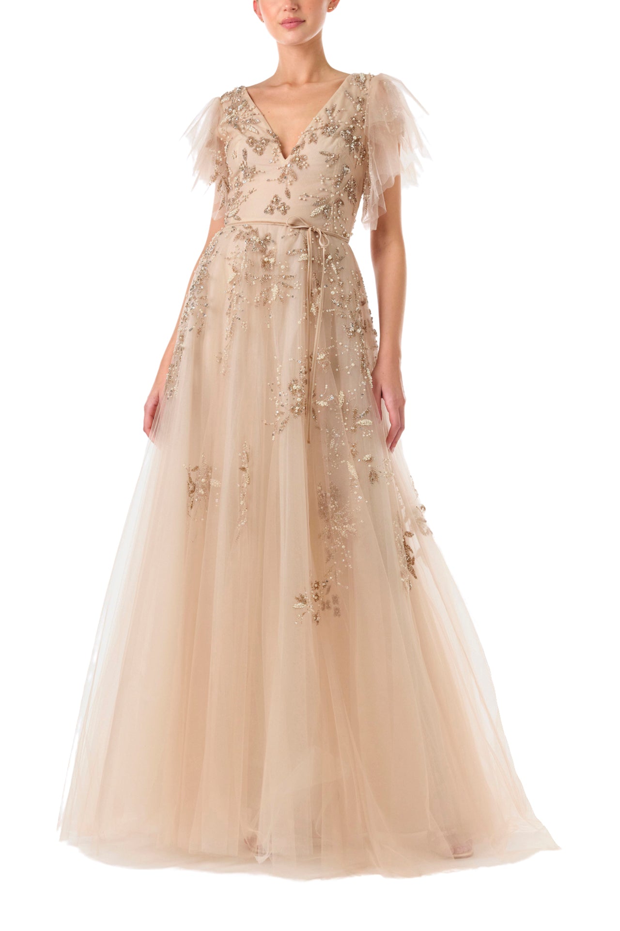 Embroidered Flutter Sleeve Gown 4 / Gold