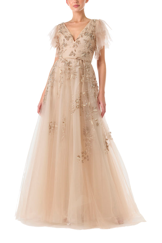 Monique Lhuillier Fall 2024 gold embroidered, flutter sleeve tulle gown with V-neckline and dainty velvet sash at waist - front.