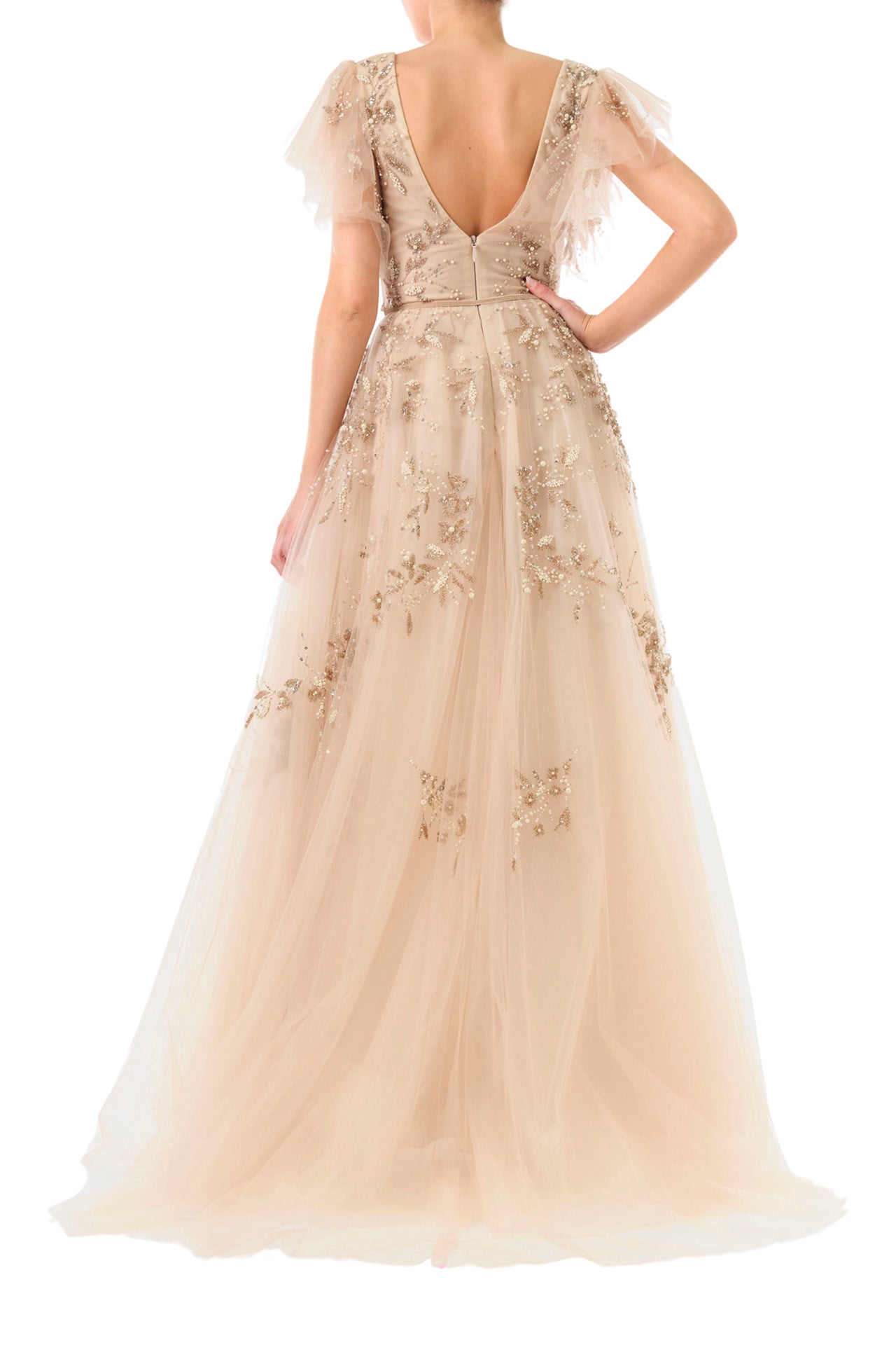 Monique Lhuillier Fall 2024 gold embroidered, flutter sleeve tulle gown with V-neckline and dainty velvet sash at waist - back.