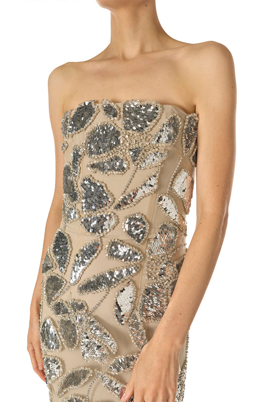 Monique Lhuillier Fall 2024 strapless column gown with silver embroidered tulle - embroidery detail.