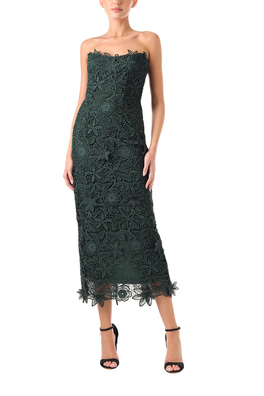 Monique Lhuillier Fall 2024 Strapless, Juniper lace sheath dress with lace scalloped neckline and hem - front.