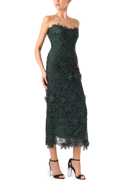 Monique Lhuillier Fall 2024 Strapless, Juniper lace sheath dress with lace scalloped neckline and hem - right side.