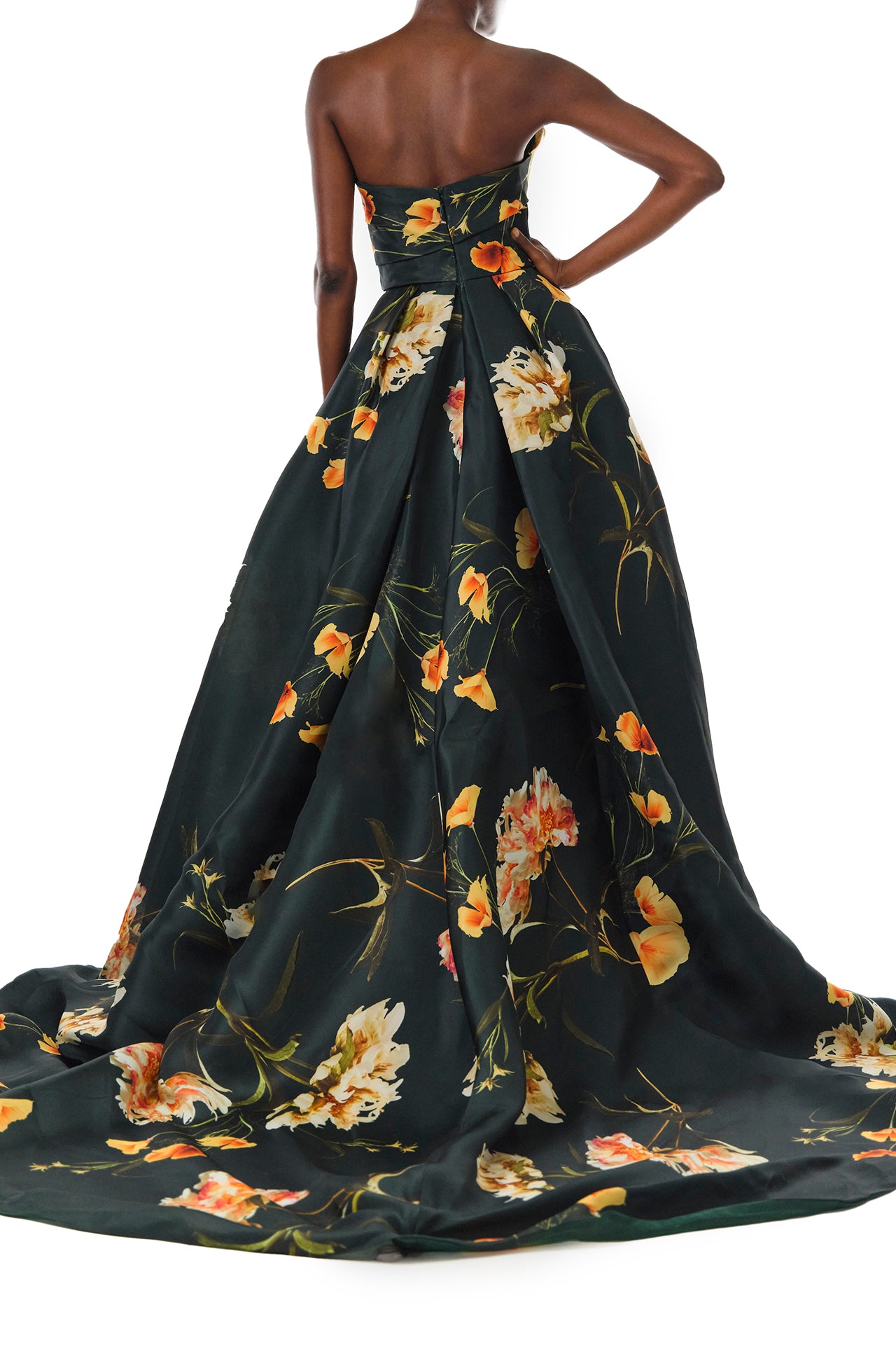 Monique Lhuillier Fall 2024 Strapless, V-neck ballgown with draped bodice, full skirt and pockets in Juniper Floral Print Gazar - back.