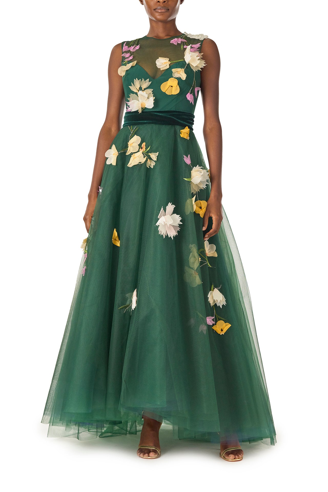 Green Floral Embroidered Tulle Ball Gown