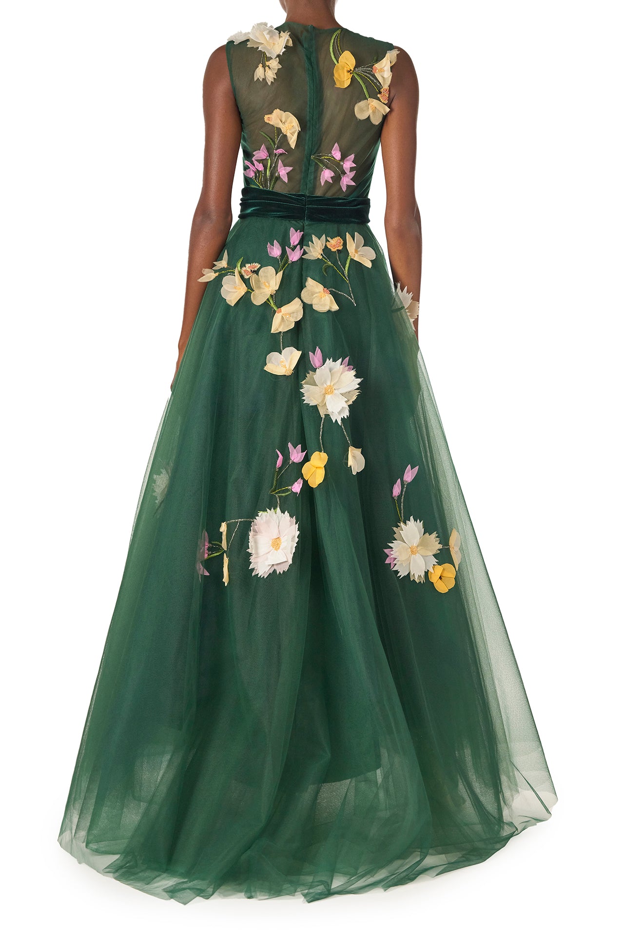 Monique Lhuillier Fall 2024 sleeveless, green tulle gown with floral embroidery, illusion neckline, full A-line skirt and velvet cummerbund at waist - back.