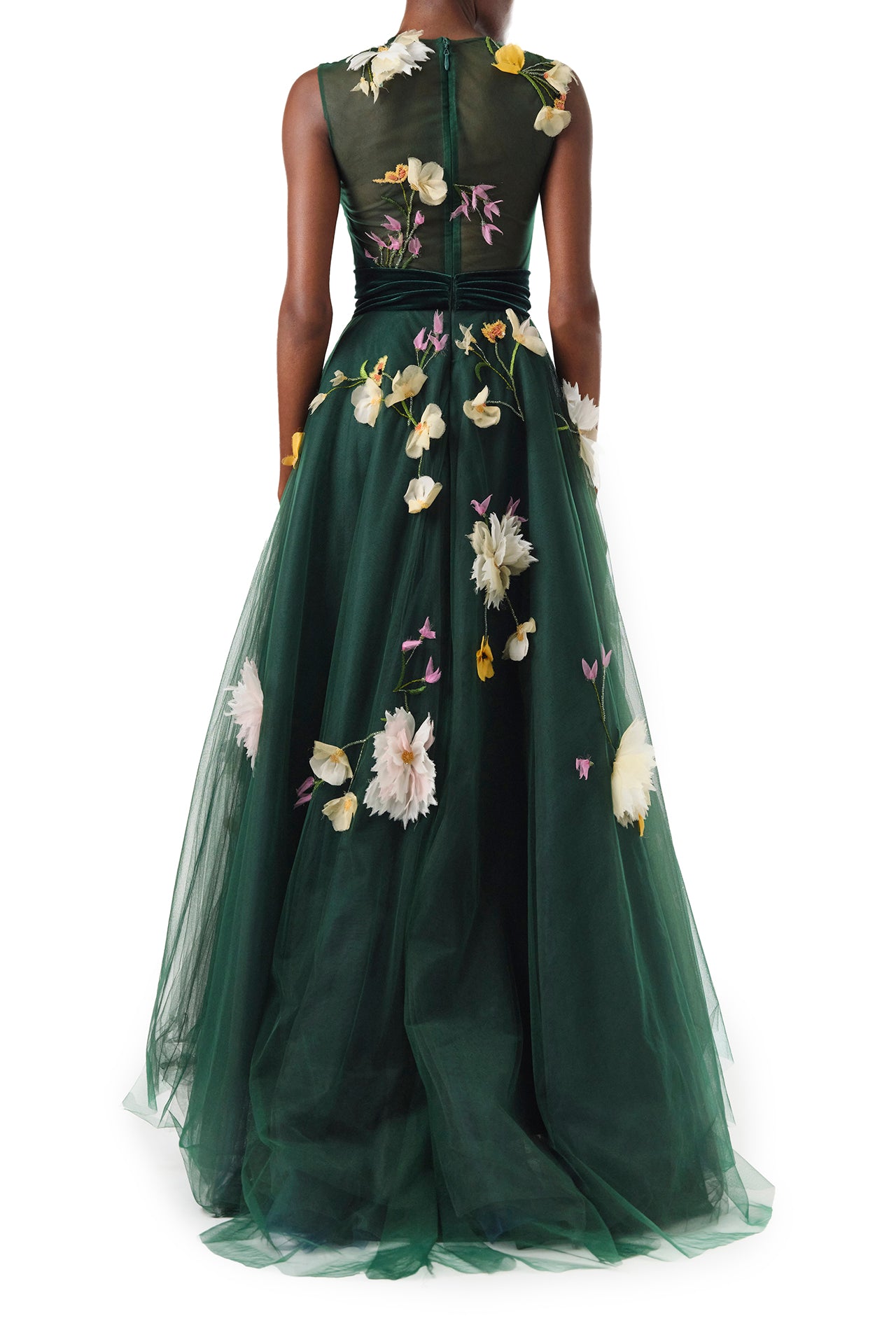 Monique Lhuillier Fall 2024 sleeveless, green tulle gown with floral embroidery, illusion neckline, full A-line skirt and velvet cummerbund at waist - back.