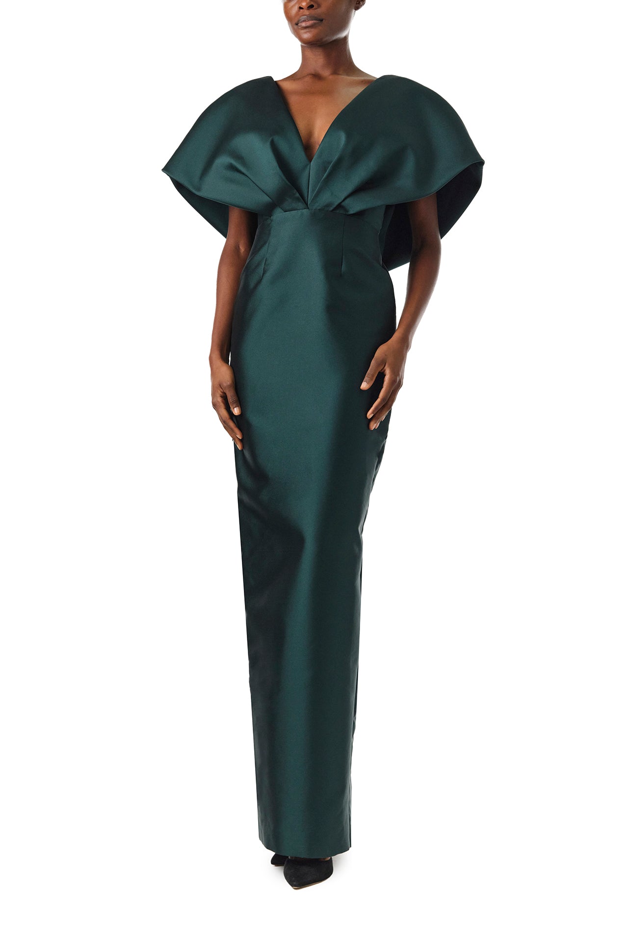 Monique Lhuillier Fall 2024 Pleated V-neck sculptural column gown in Juniper mikado with low back - front two.