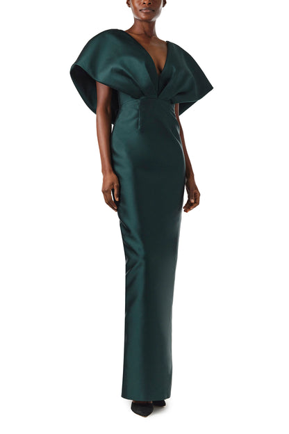 Monique Lhuillier Fall 2024 Pleated V-neck sculptural column gown in Juniper mikado with low back - front.