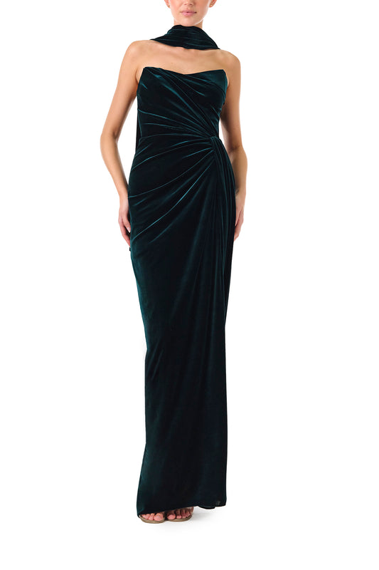 Monique Lhuillier Fall 2024 Strapless, draped column gown with scarf and high leg slit in Dark Teal stretch velour - front.