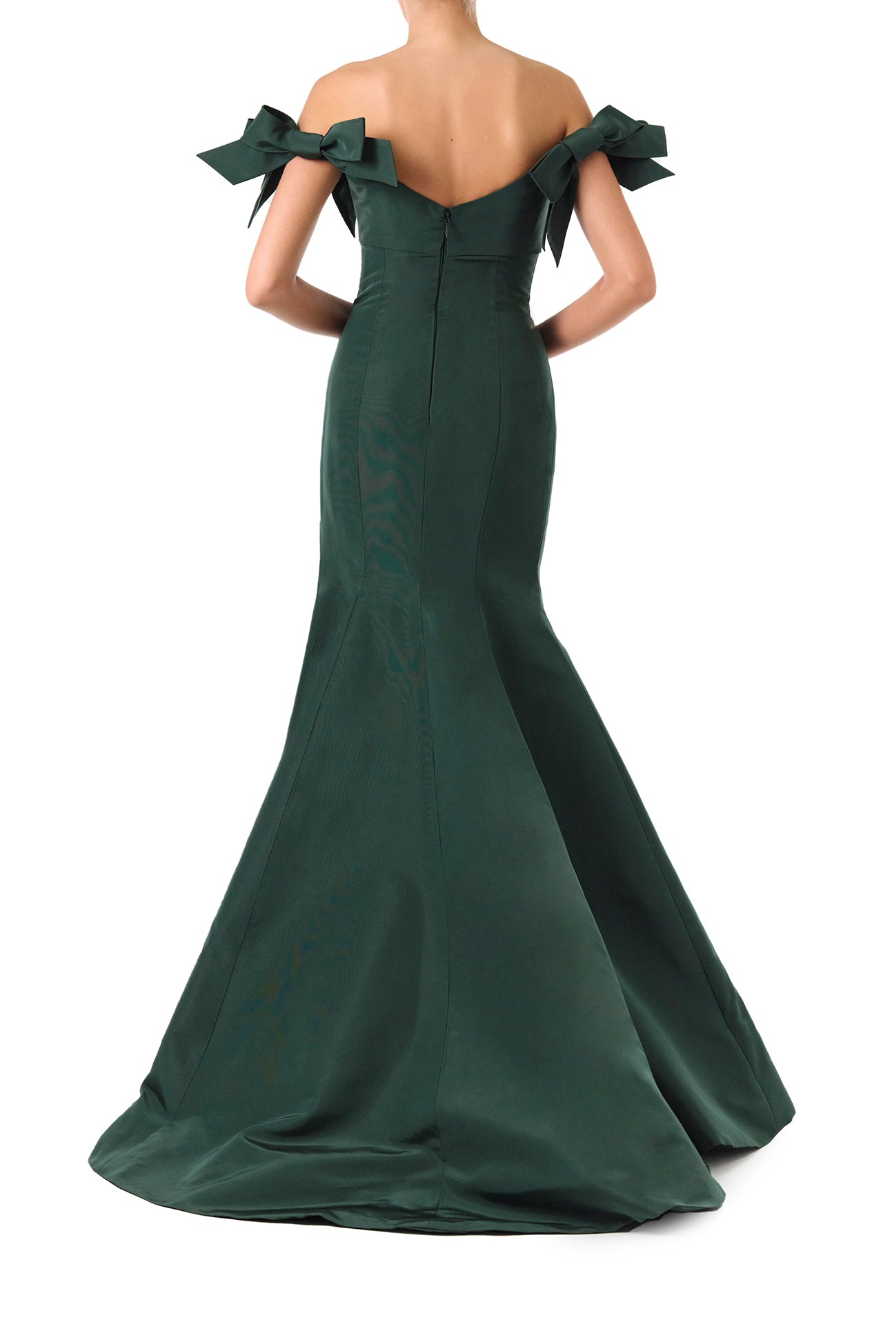 Monique Lhuillier Fall 2024 off the shoulder gown with trumpet skirt and bow sleeves in Juniper green faille fabric - back.