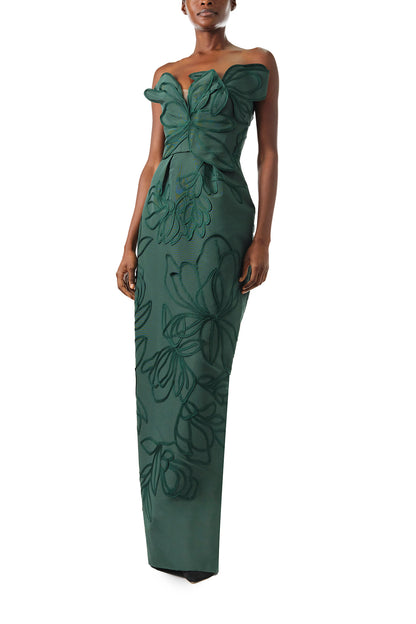 Monique Lhuillier Fall 2024 Strapless, floral embroidered column gown with asymmetric neckline and nude tulle insert in Juniper green - front.