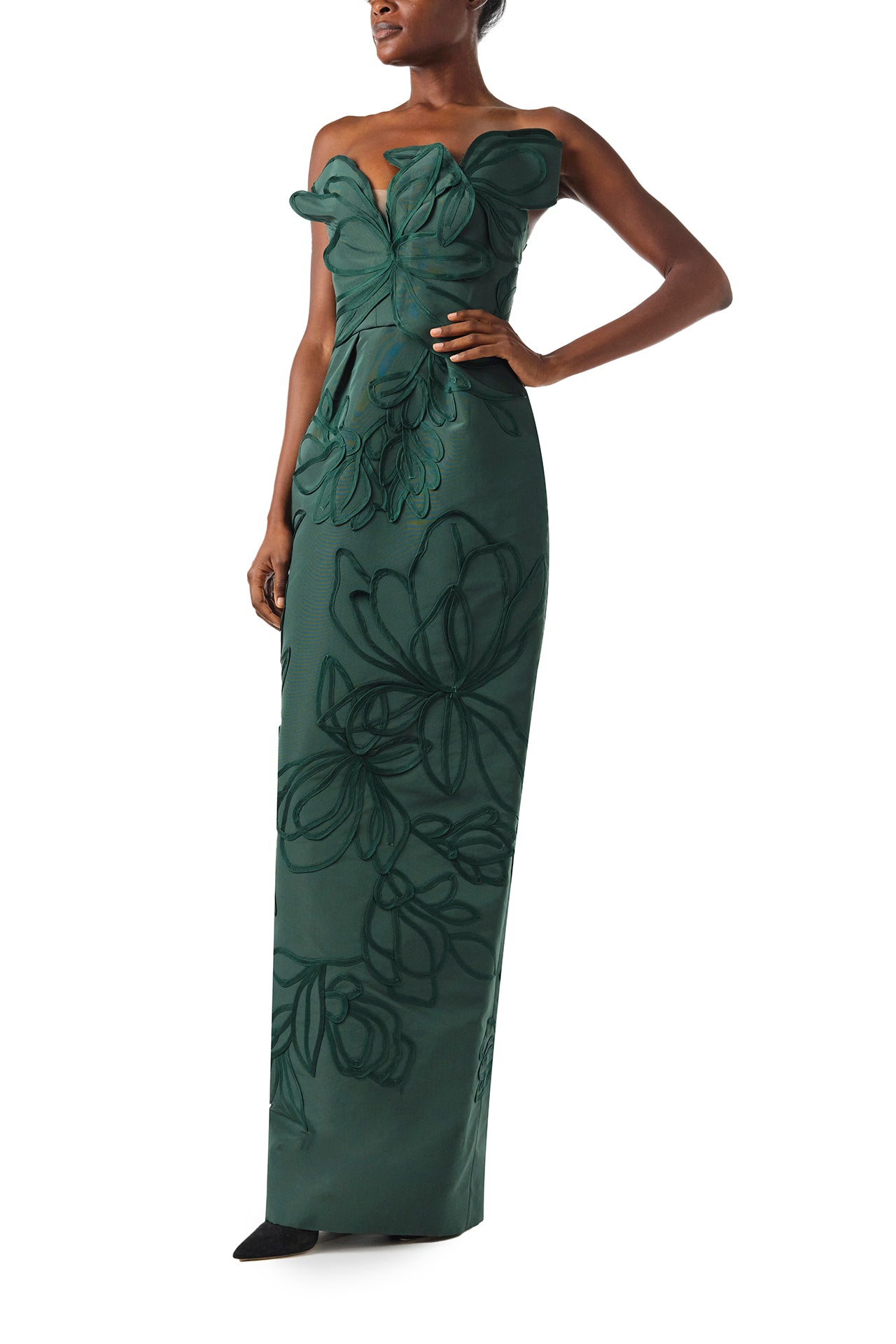 Monique Lhuillier Fall 2024 Strapless, floral embroidered column gown with asymmetric neckline and nude tulle insert in Juniper green - left side.
