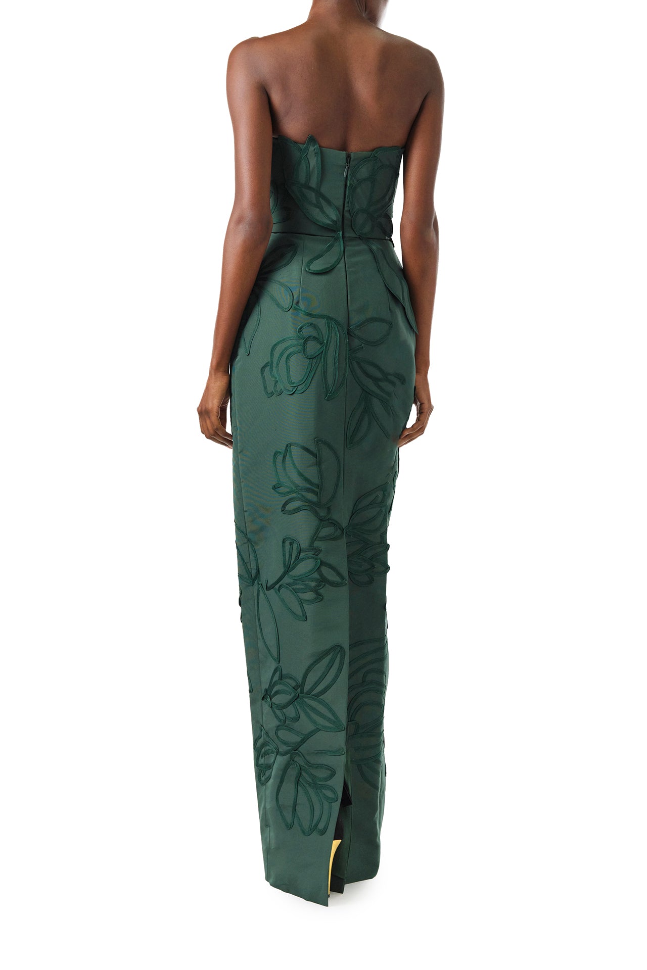 Monique Lhuillier Fall 2024 Strapless, floral embroidered column gown with asymmetric neckline and nude tulle insert in Juniper green - back.