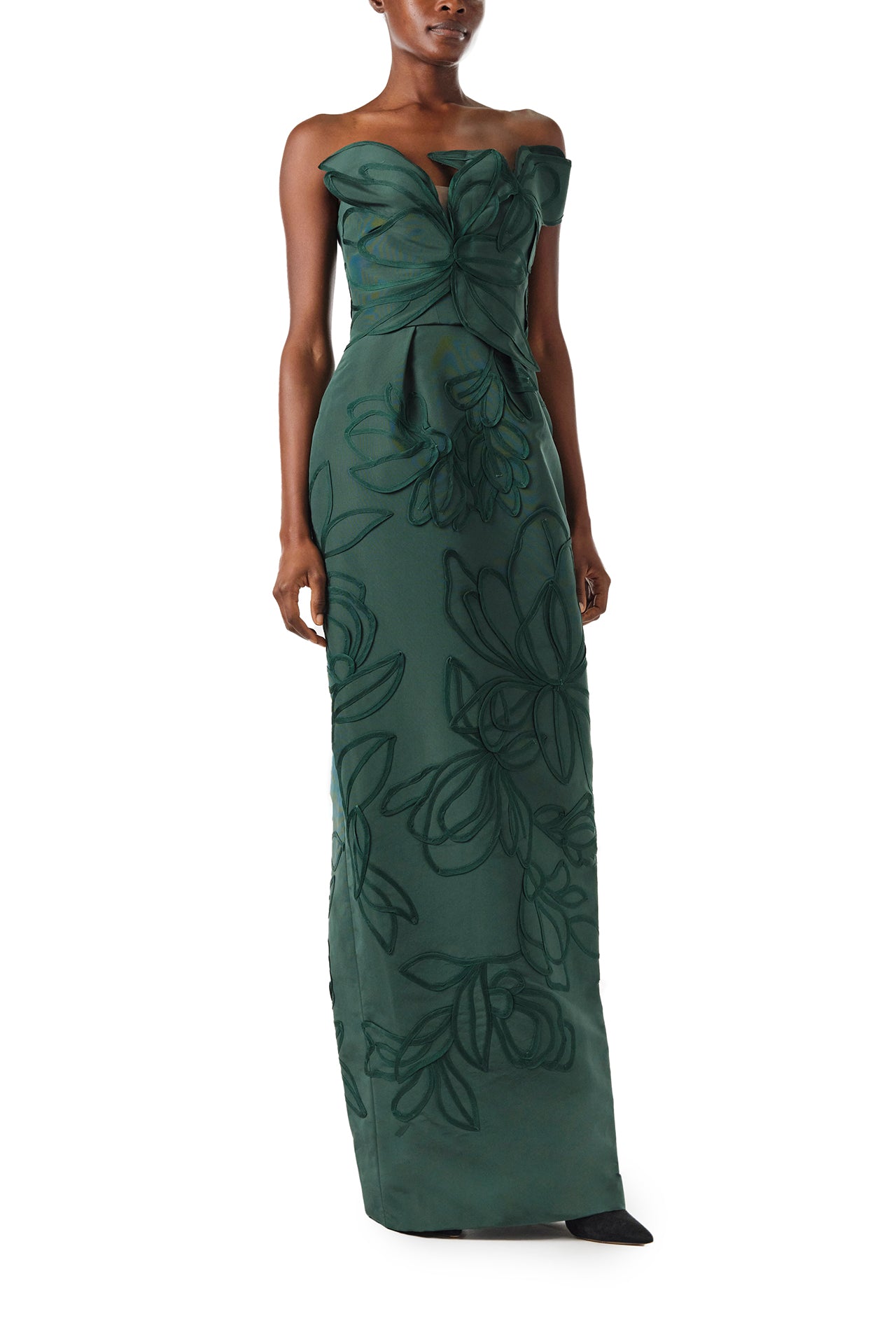 Monique Lhuillier Fall 2024 Strapless, floral embroidered column gown with asymmetric neckline and nude tulle insert in Juniper green - side.
