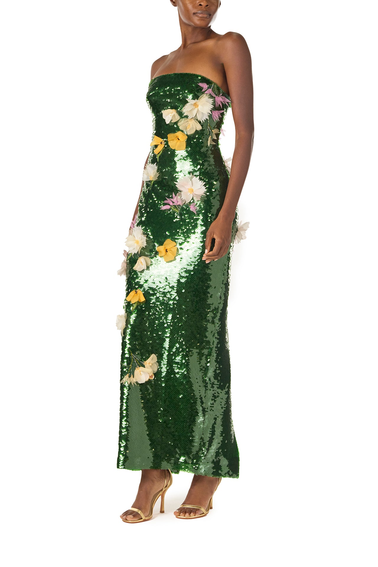 Monique Lhuillier Fall 2024 strapless, column gown in Juniper green sequins and 3D floral embroidery - left side.