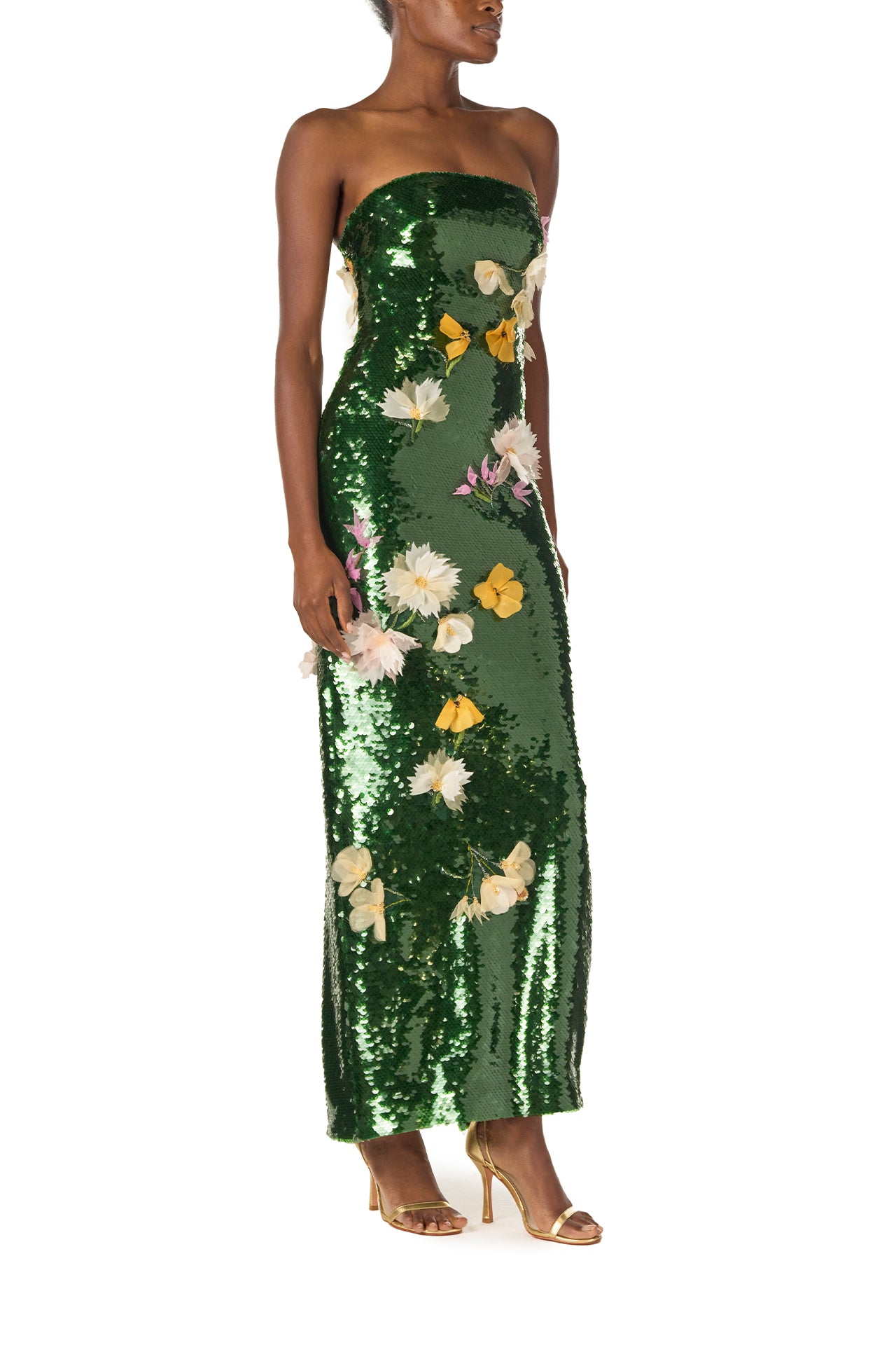 Monique Lhuillier Fall 2024 strapless, column gown in Juniper green sequins and 3D floral embroidery - right side.