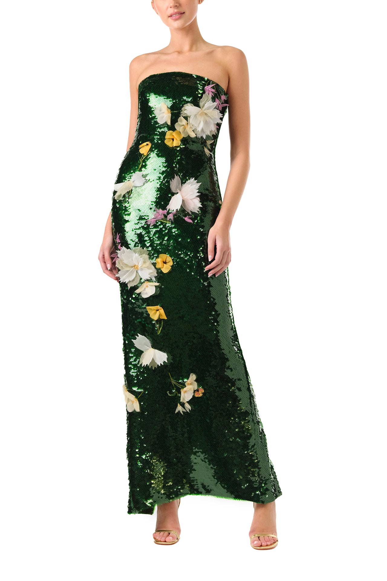 Monique Lhuillier Fall 2024 strapless, column gown in Juniper green sequins and floral embroidery - front.