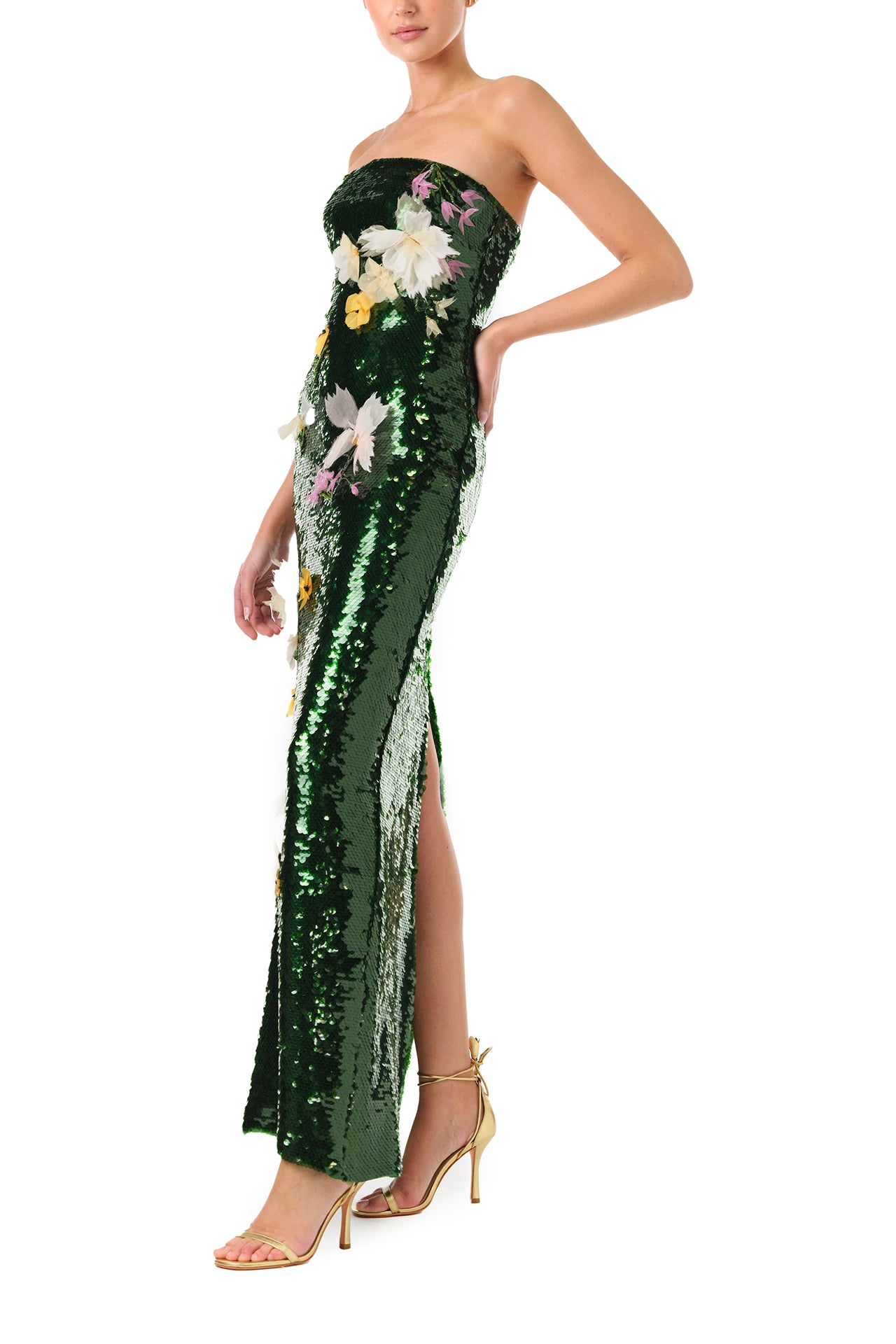 Monique Lhuillier Fall 2024 strapless, column gown in Juniper green sequins and floral embroidery - left side.