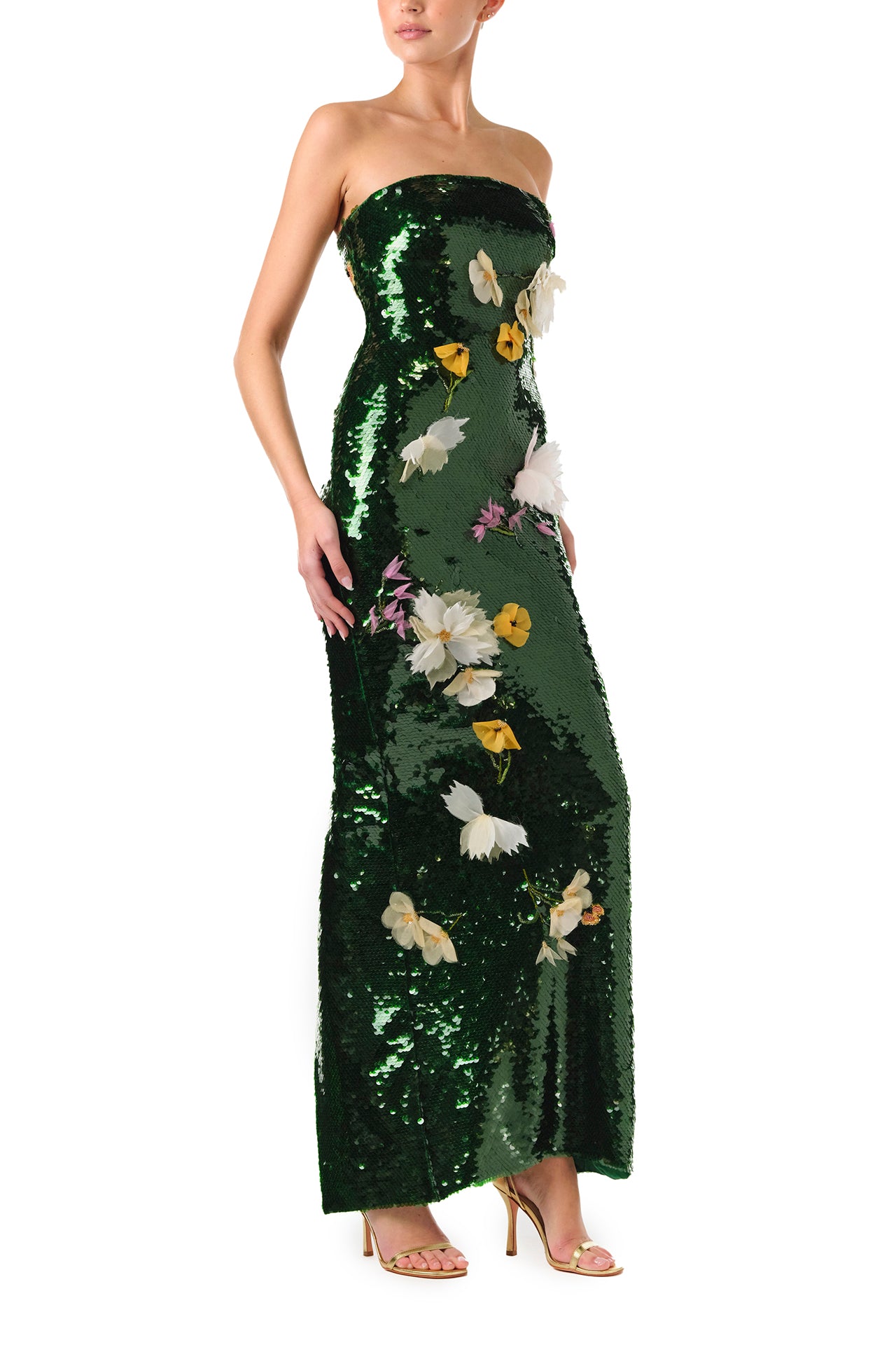 Monique Lhuillier Fall 2024 strapless, column gown in Juniper green sequins and floral embroidery - right side.