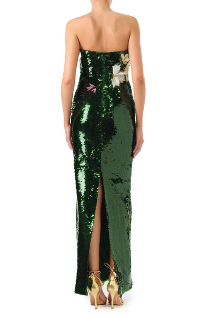 Monique Lhuillier Fall 2024 strapless, column gown in Juniper green sequins and floral embroidery - back.