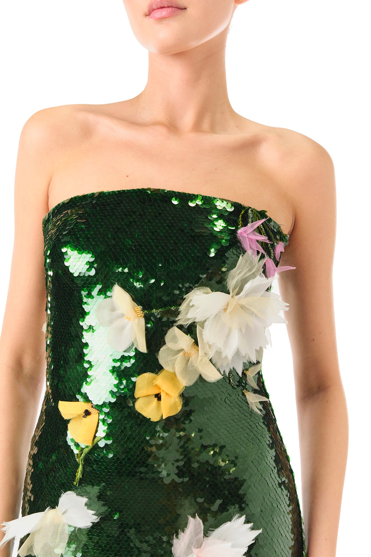 Monique Lhuillier Fall 2024 strapless, column gown in Juniper green sequins and floral embroidery - fabric detail.