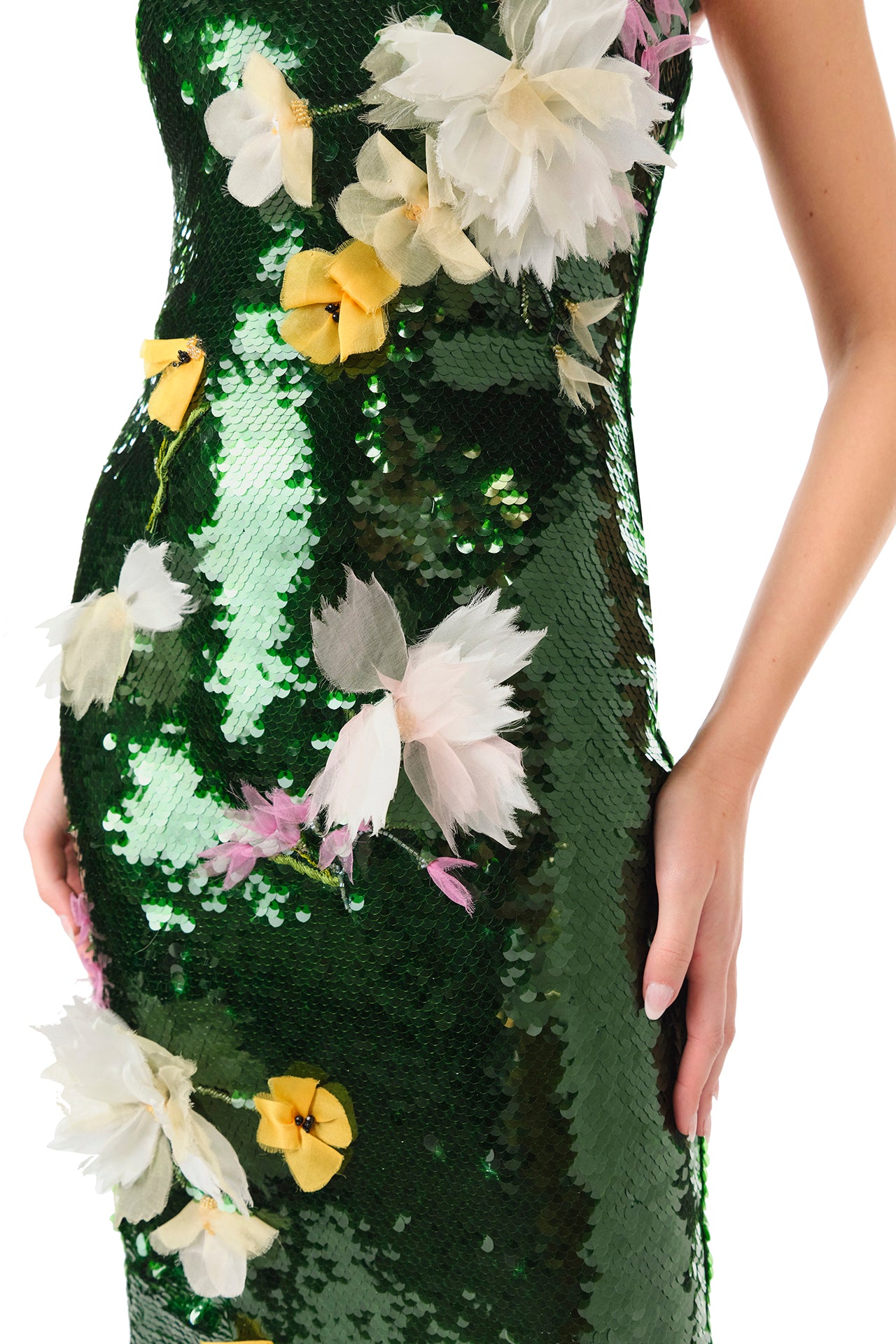 Monique Lhuillier Fall 2024 strapless, column gown in Juniper green sequins and floral embroidery - embroidery detail.