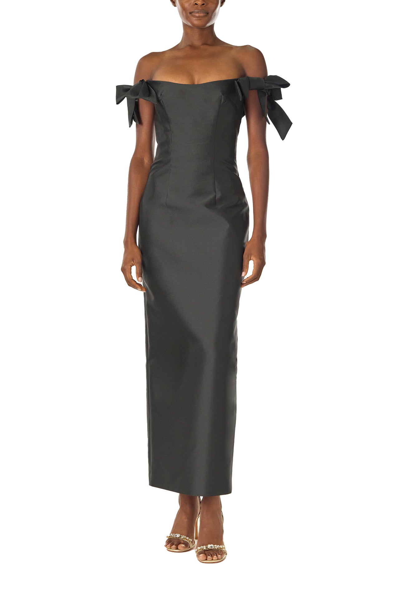 Monique Lhuillier Fall 2024 off the shoulder sheath dress with bow sleeves in Noir mikado - front.
