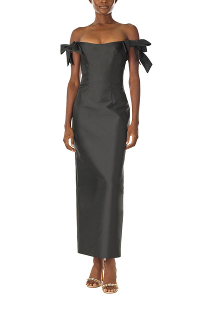 Monique Lhuillier Fall 2024 off the shoulder sheath dress with bow sleeves in Noir mikado - front.