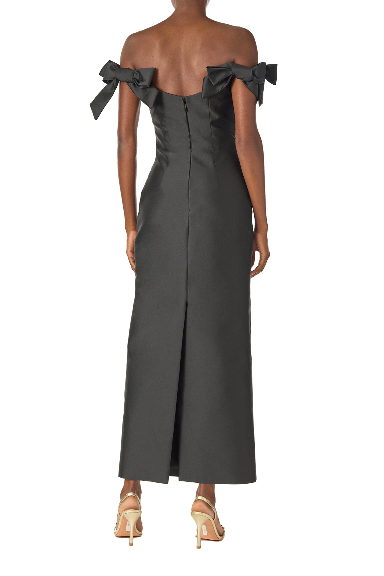 Monique Lhuillier Fall 2024 off the shoulder sheath dress with bow sleeves in Noir mikado - back.