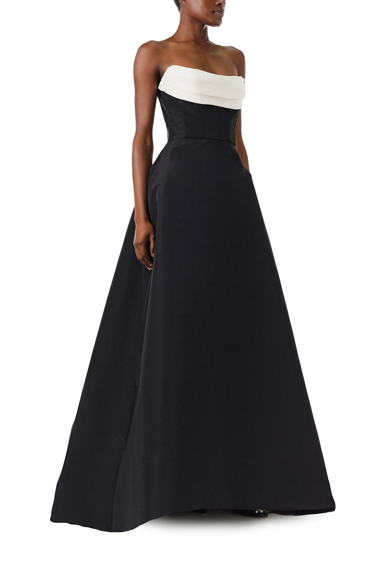 Monique Lhuillier Fall 2024 strapless ball gown with front-draped, contrasting neckline in noir/silk white faille fabric - right side.