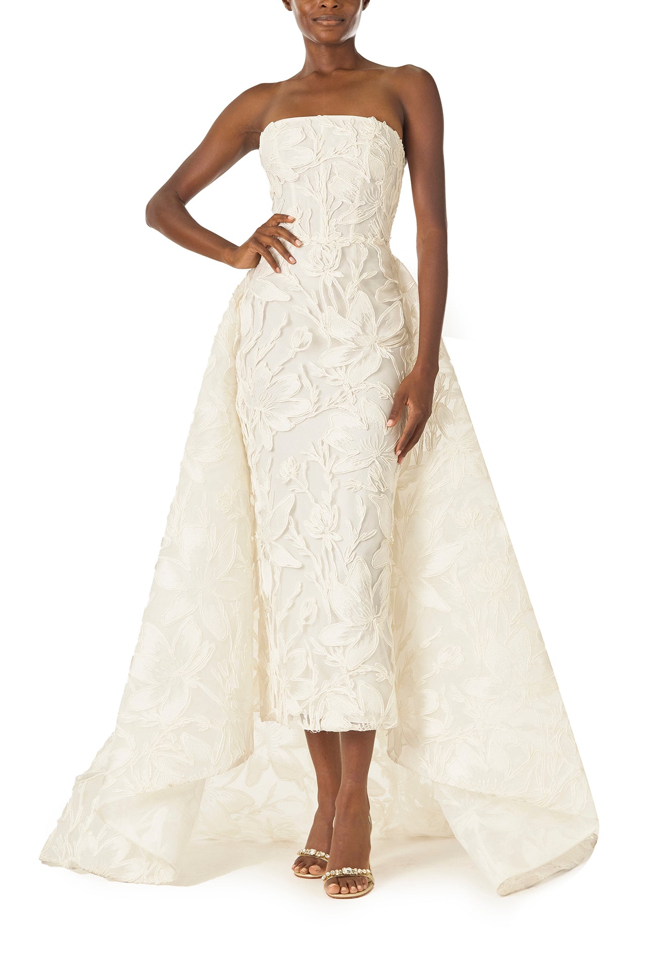 Monique Lhuillier Silk White strapless, embroidered tea-length column gown with floor-length dramatic train - front.