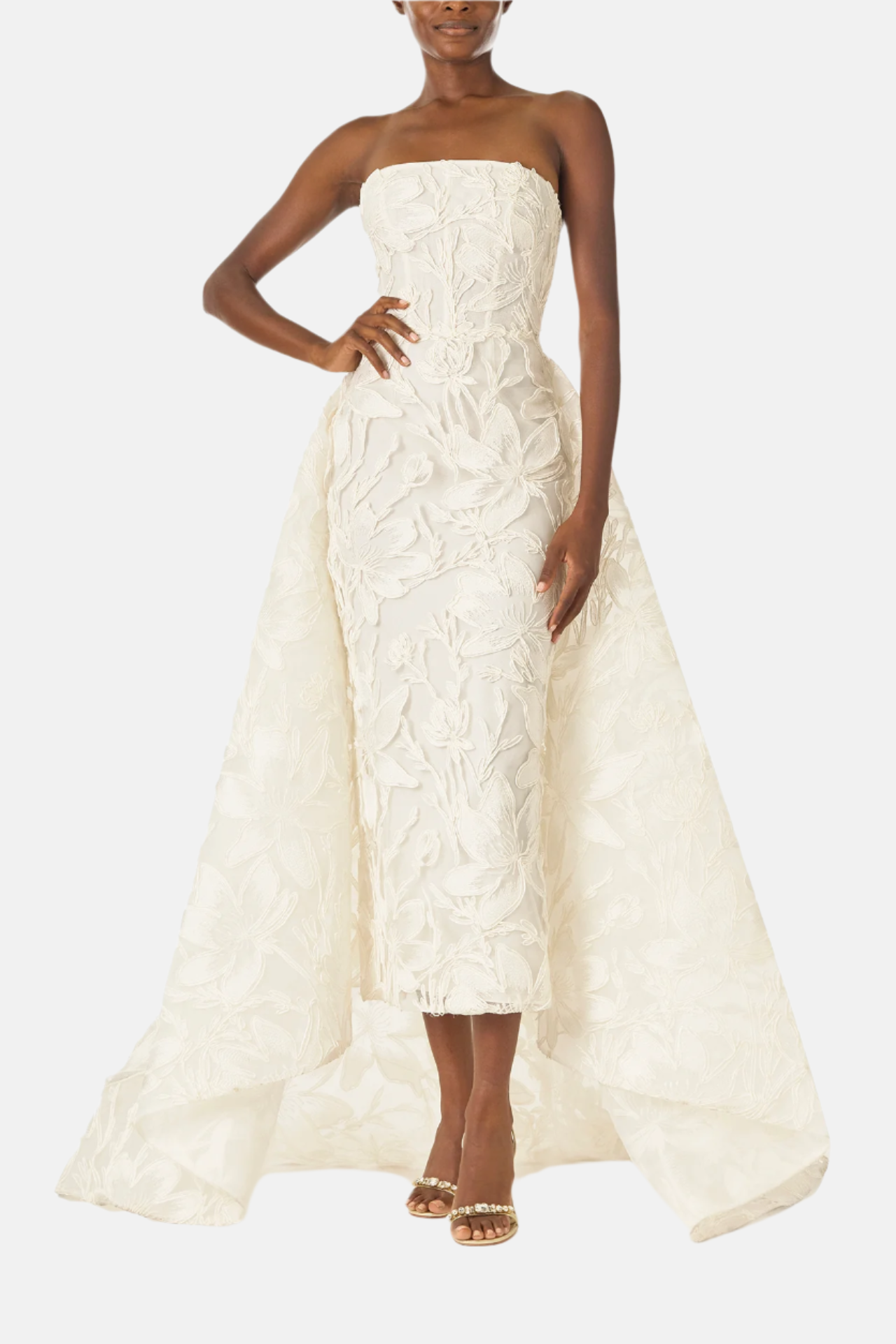 Monique Lhuillier Silk White strapless, embroidered tea-length column gown with floor-length dramatic train - front.