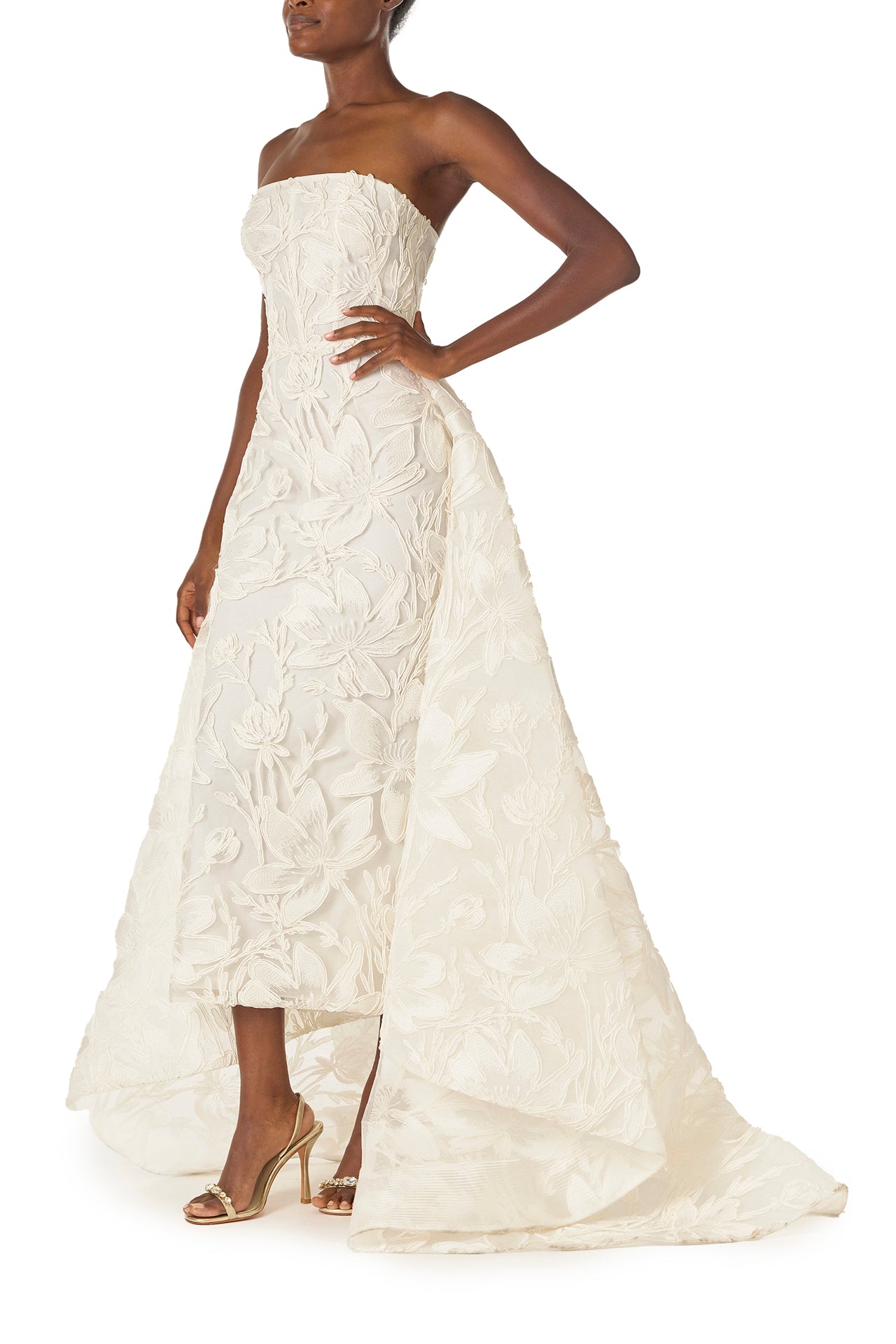 Monique Lhuillier Silk White strapless, embroidered tea-length column gown with floor-length dramatic train - side.