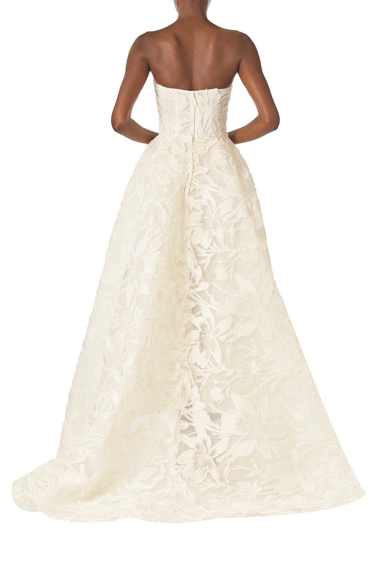 Monique Lhuillier Silk White strapless, embroidered tea-length column gown with floor-length dramatic train - back.
