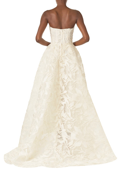 Monique Lhuillier Silk White strapless, embroidered tea-length column gown with floor-length dramatic train - back.