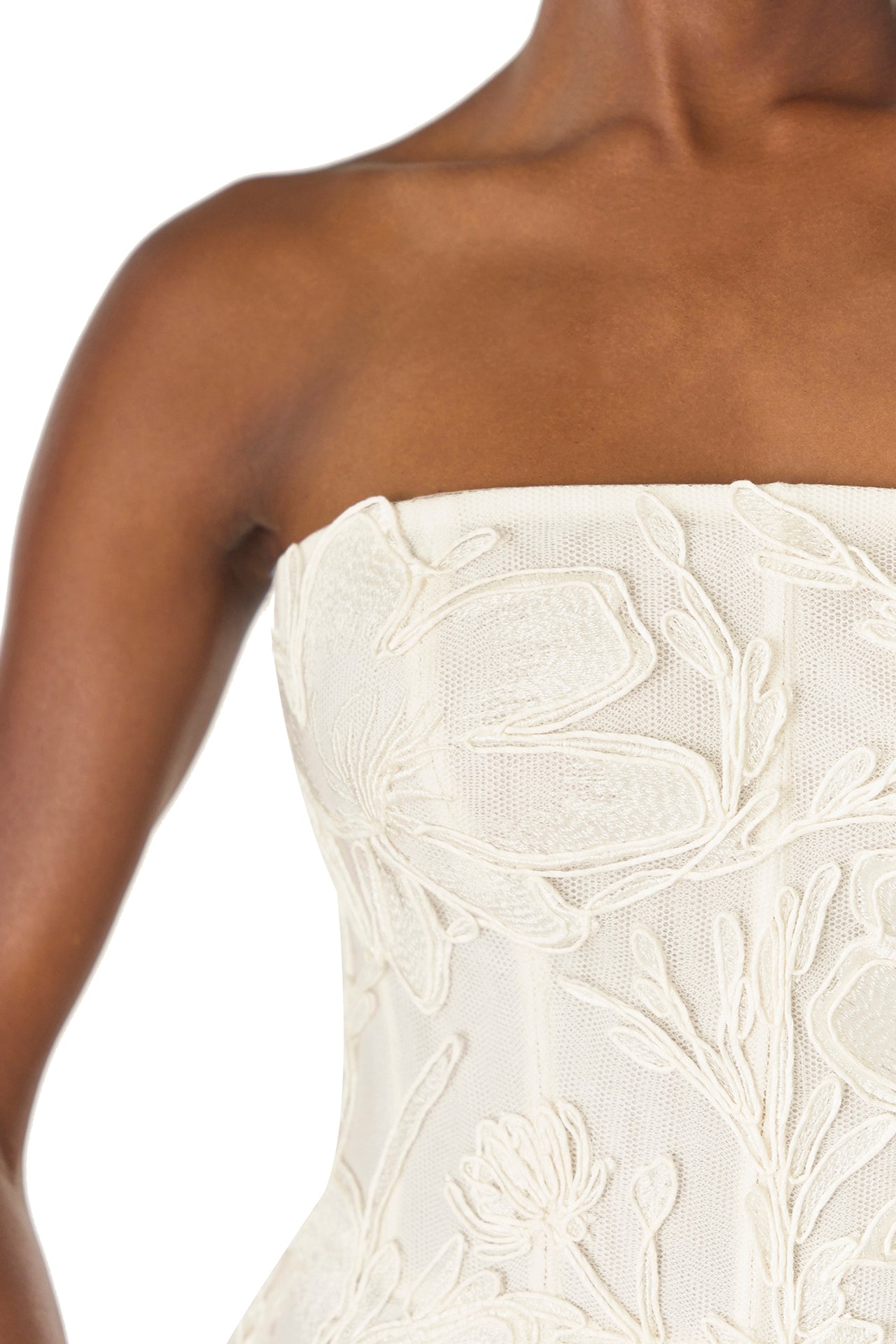 Monique Lhuillier Silk White strapless, embroidered tea-length column gown with floor-length dramatic train - fabric detail.