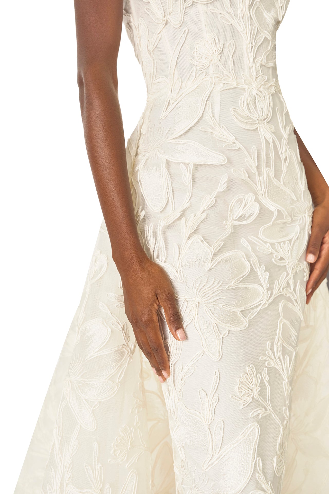 Monique Lhuillier Silk White strapless, embroidered tea-length column gown with floor-length dramatic train - fabric.