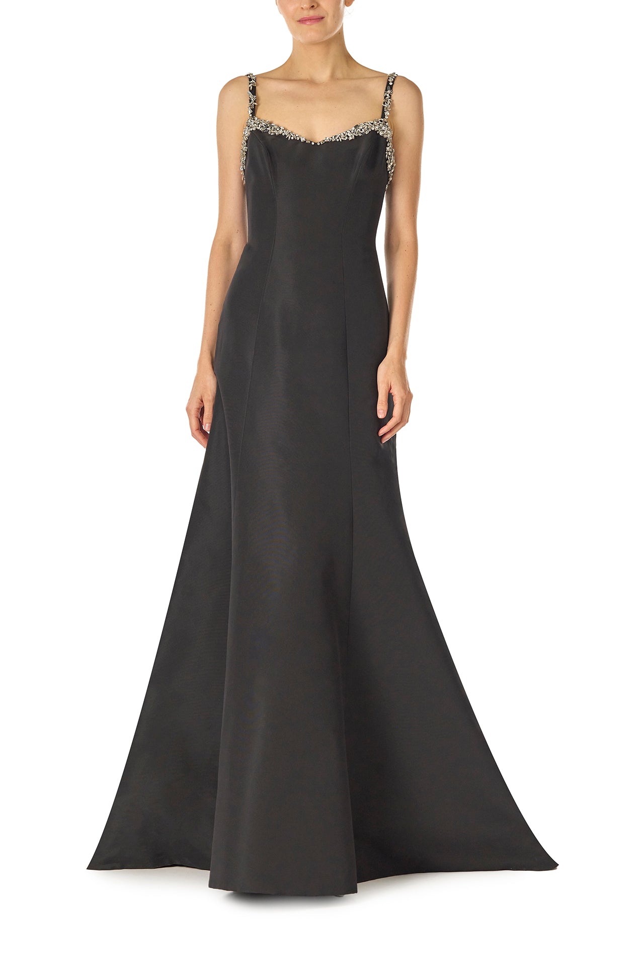 Monique Lhuillier Spring 2025 Modified trumpet gown with crystal beaded neckline and spaghetti straps in Noir Silk Faille - front.