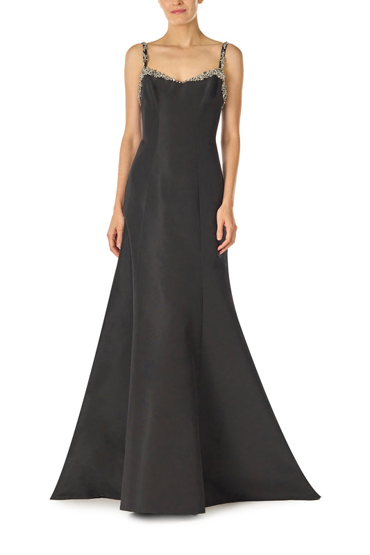 Monique Lhuillier Spring 2025 Modified trumpet gown with crystal beaded neckline and spaghetti straps in Noir Silk Faille - front.