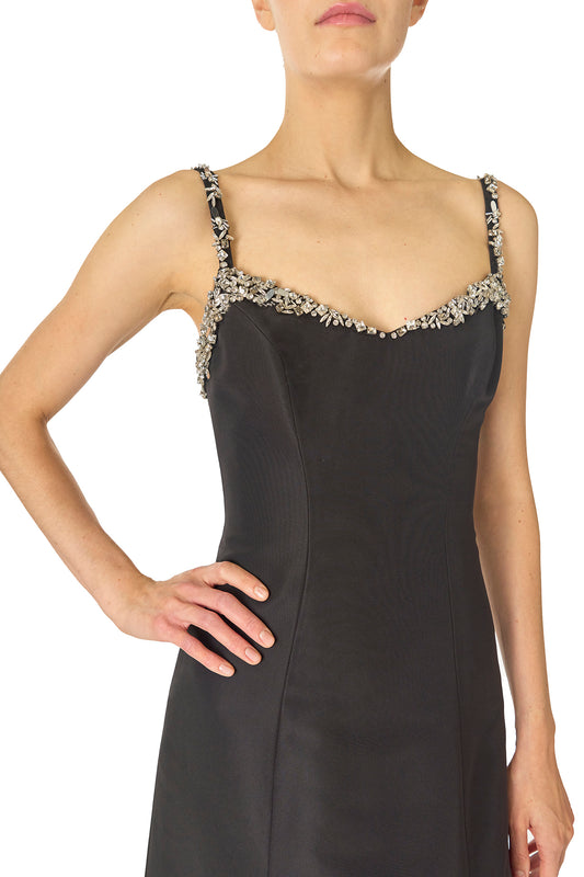 Monique Lhuillier Spring 2025 Modified trumpet gown with crystal beaded neckline and spaghetti straps in Noir Silk Faille - neckline.