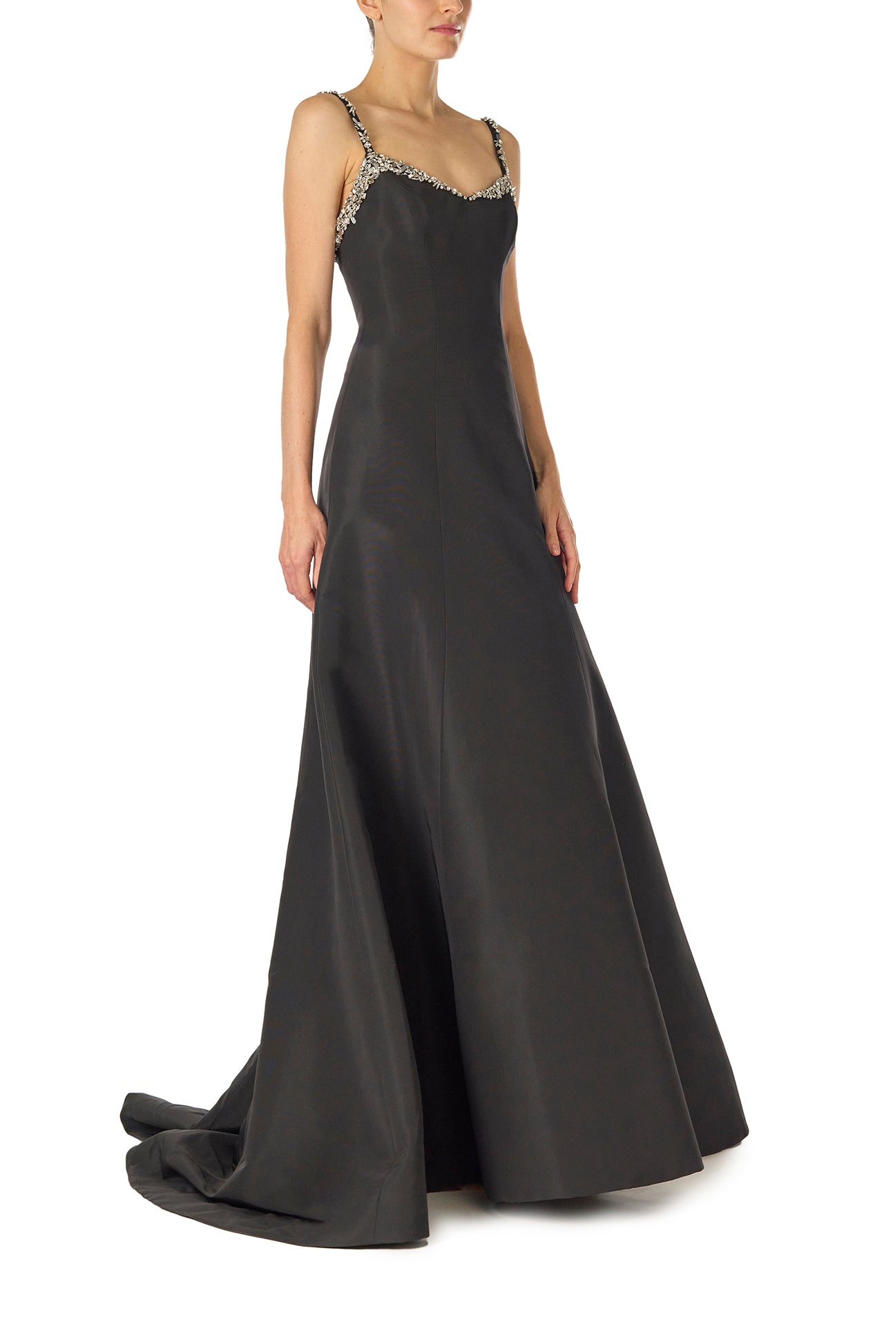 Monique Lhuillier Spring 2025 Modified trumpet gown with crystal beaded neckline and spaghetti straps in Noir Silk Faille - right side.