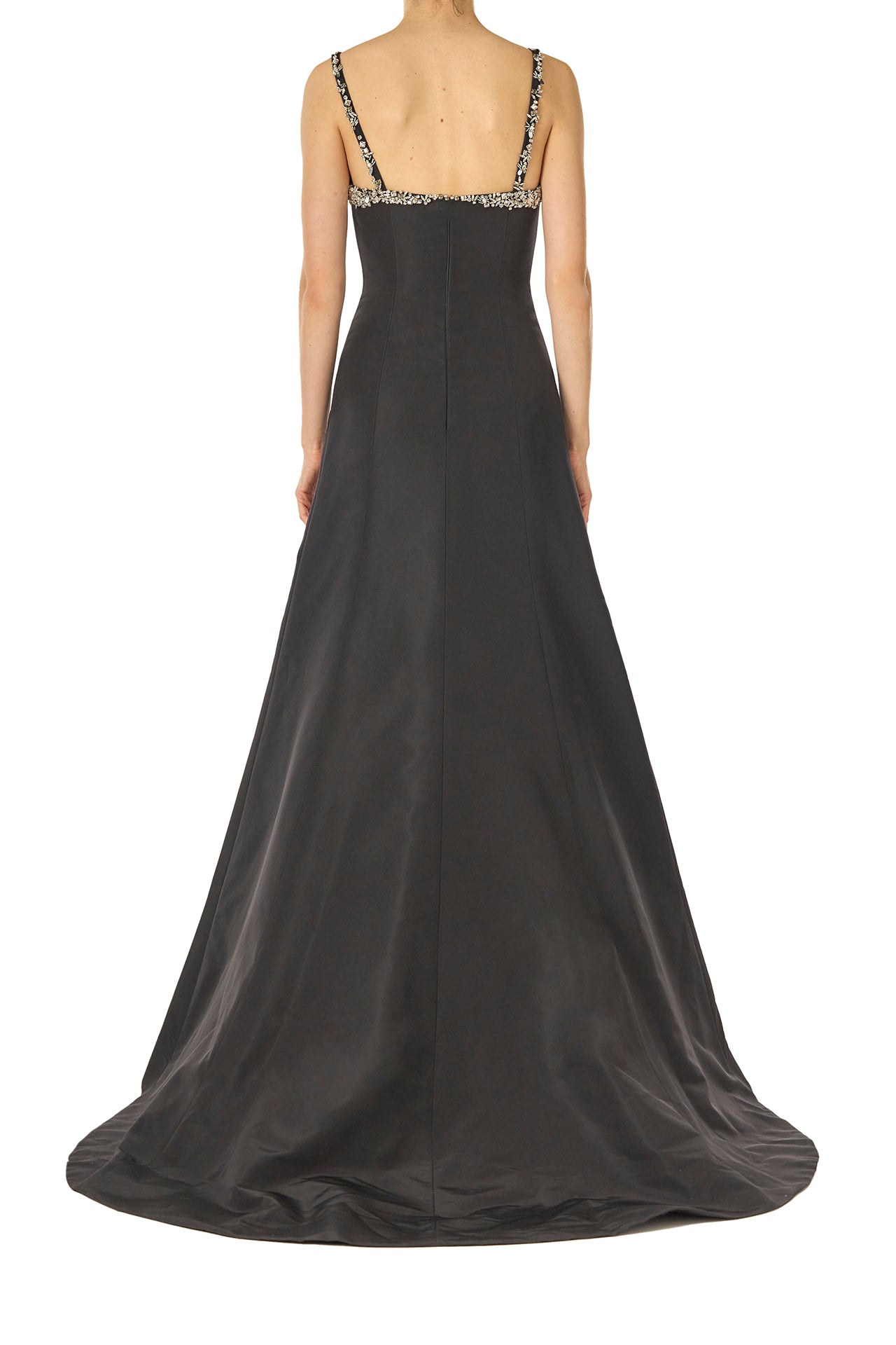 Monique Lhuillier Spring 2025 Modified trumpet gown with crystal beaded neckline and spaghetti straps in Noir Silk Faille - back.